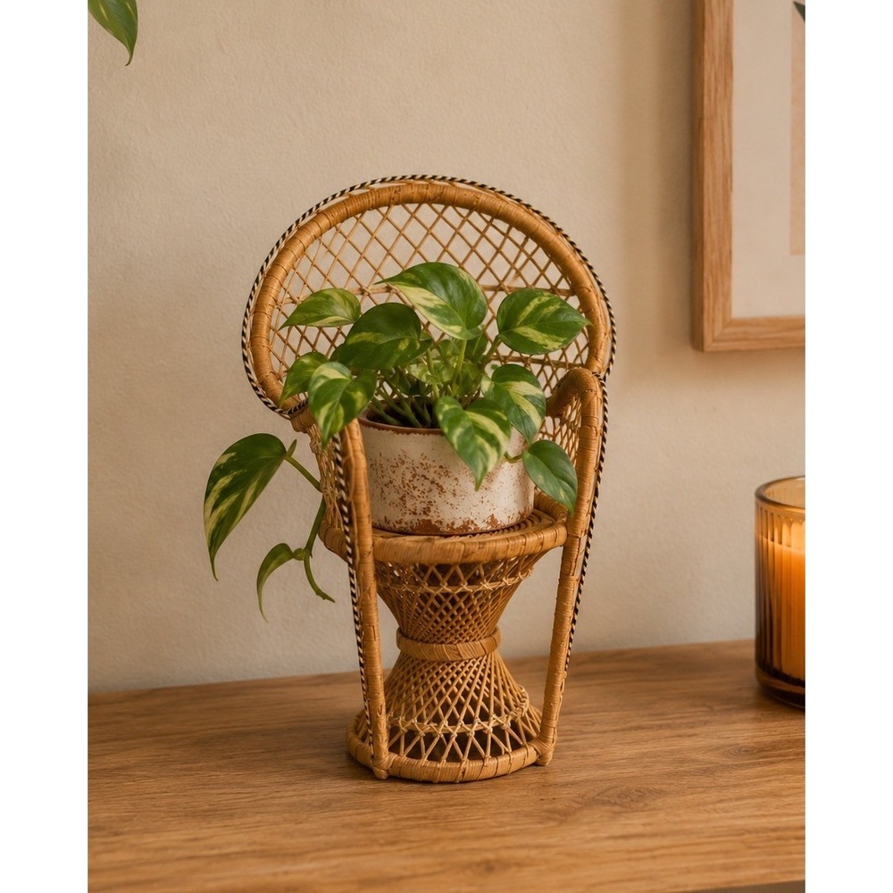Vintage Wicker Rattan Doll Chair 16" Tall Boho Decor Peacock Potted Plant stand